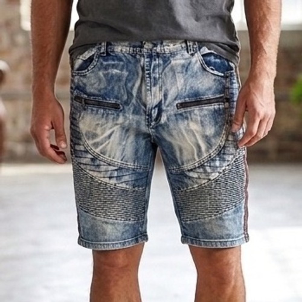 Lion Dynasty Mens Acid‎ Wash Biker Denim Shorts Blue Size 40 Side Stripe Moto